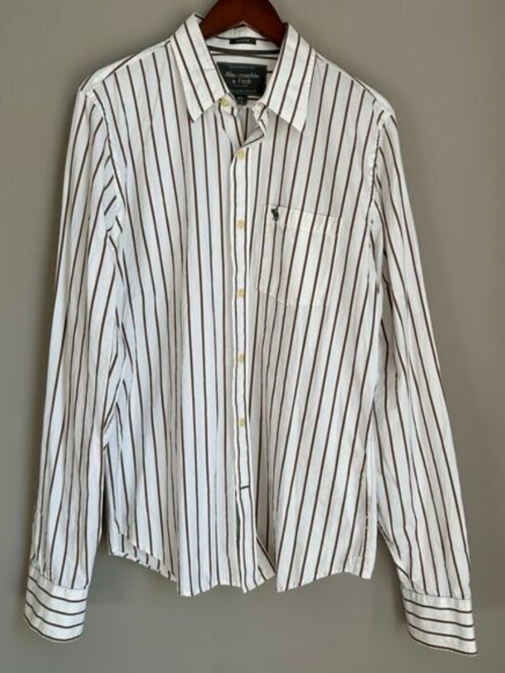 A&F Vintage Brown Striped Button Down Shirt Muscle Fit Moose Logo Y2K Preppy XL